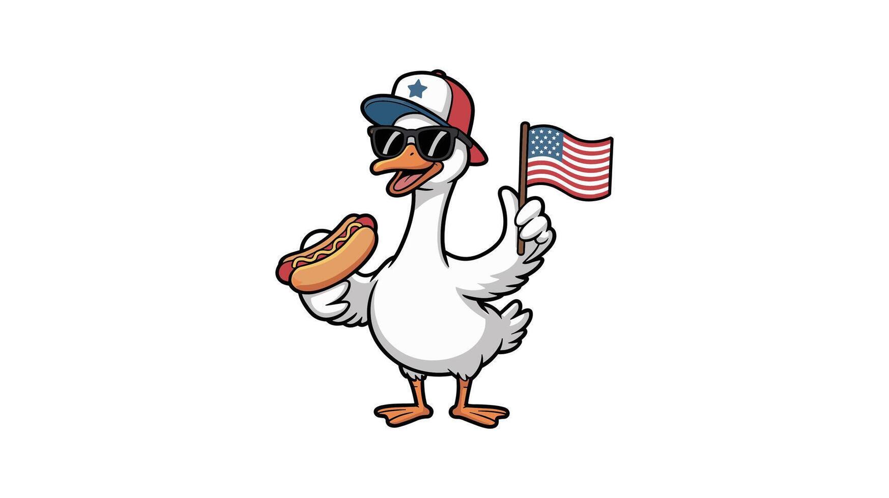 Patriotic Cartoon Goose with Holding a American Flag, Hot Dog, and Wearing a Sunglasses vector