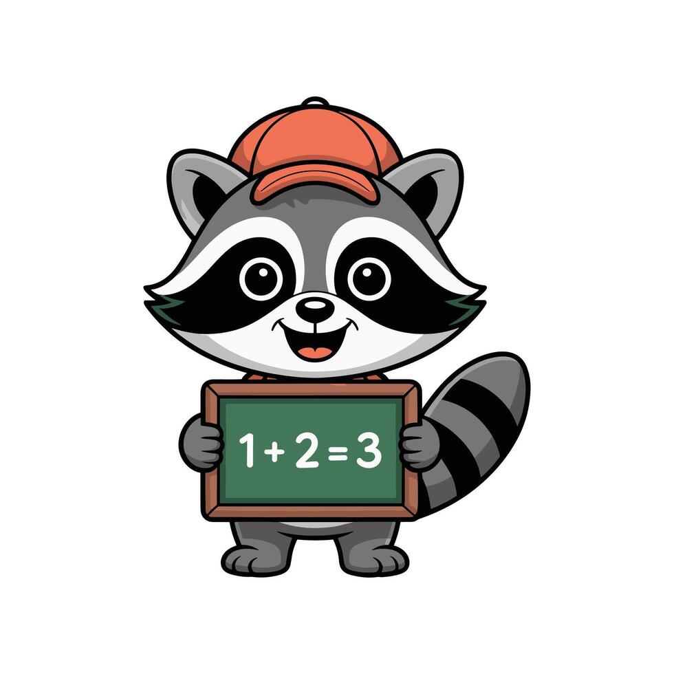 A Cute Cartoon Raccoon Learning Math with Chalkboard and Baseball Cap vector