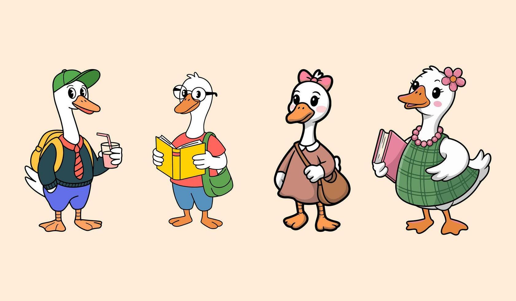 Cute Cartoon Ducks and Goose Students with Books and Backpacks vector