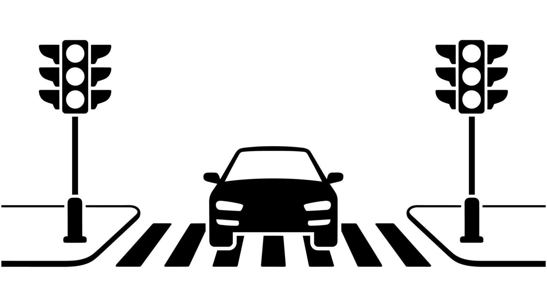 Black and white of a car at a pedestrian crosswalk with traffic lights vector