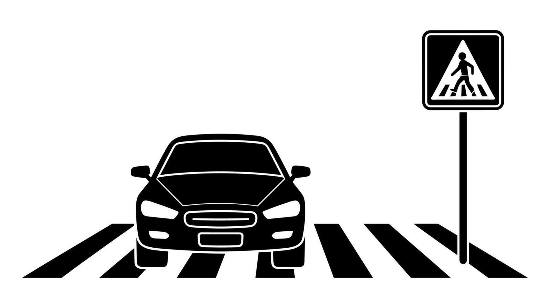 Black and white of a car approaching pedestrian crossing with road sign vector