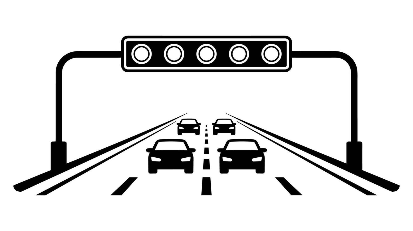 Black and white of multiple cars on highway under overhead traffic signal vector