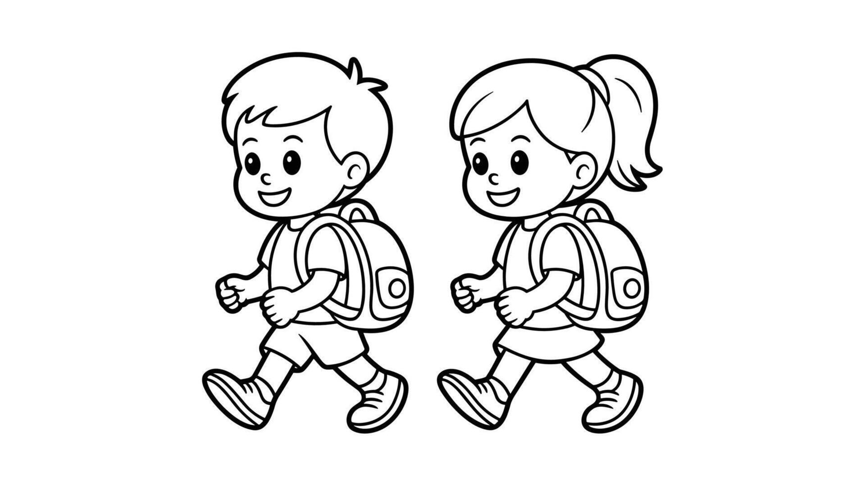 Black and white line art of school boy and girl walking with backpacks vector