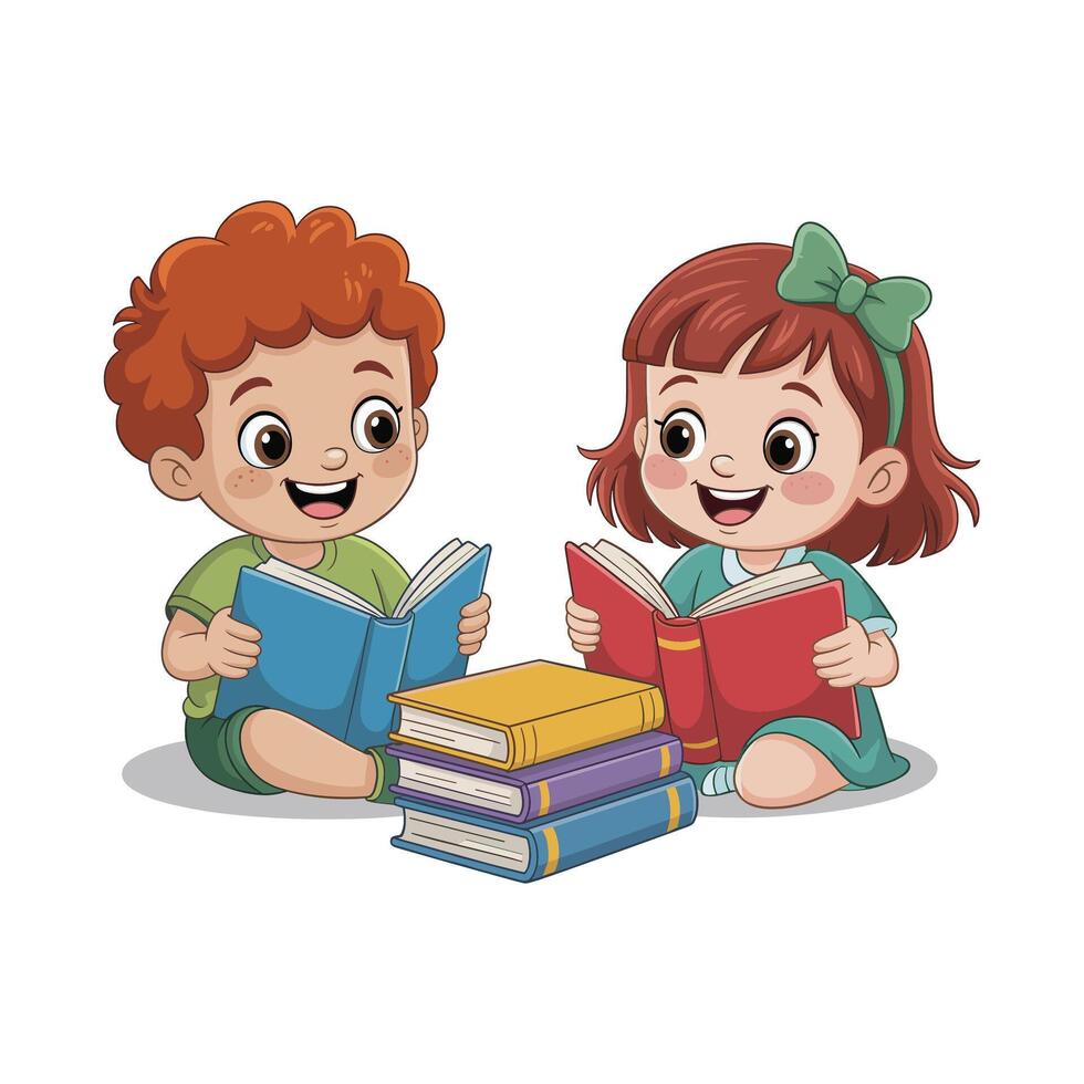 Cartoon kids sitting and reading books with a stack of colorful books vector