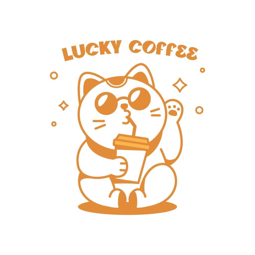 A CUTE LUCKY CAT IS DRINKING A CUP OF COFFEE LOGO DESIGN vector