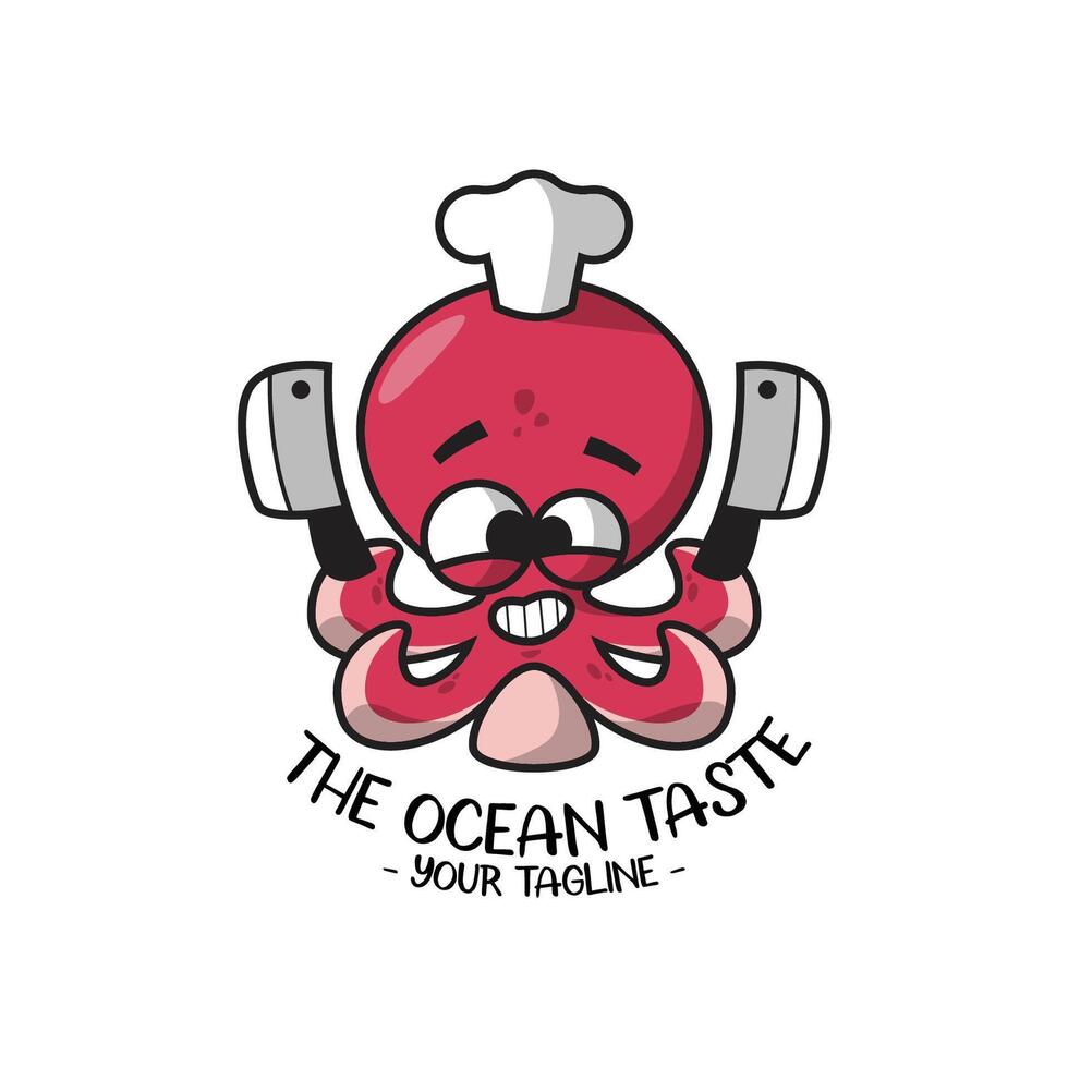 SMILING RED PCTOPUS CHEF IS HOLDING KNIVES CARTOON LOGO vector