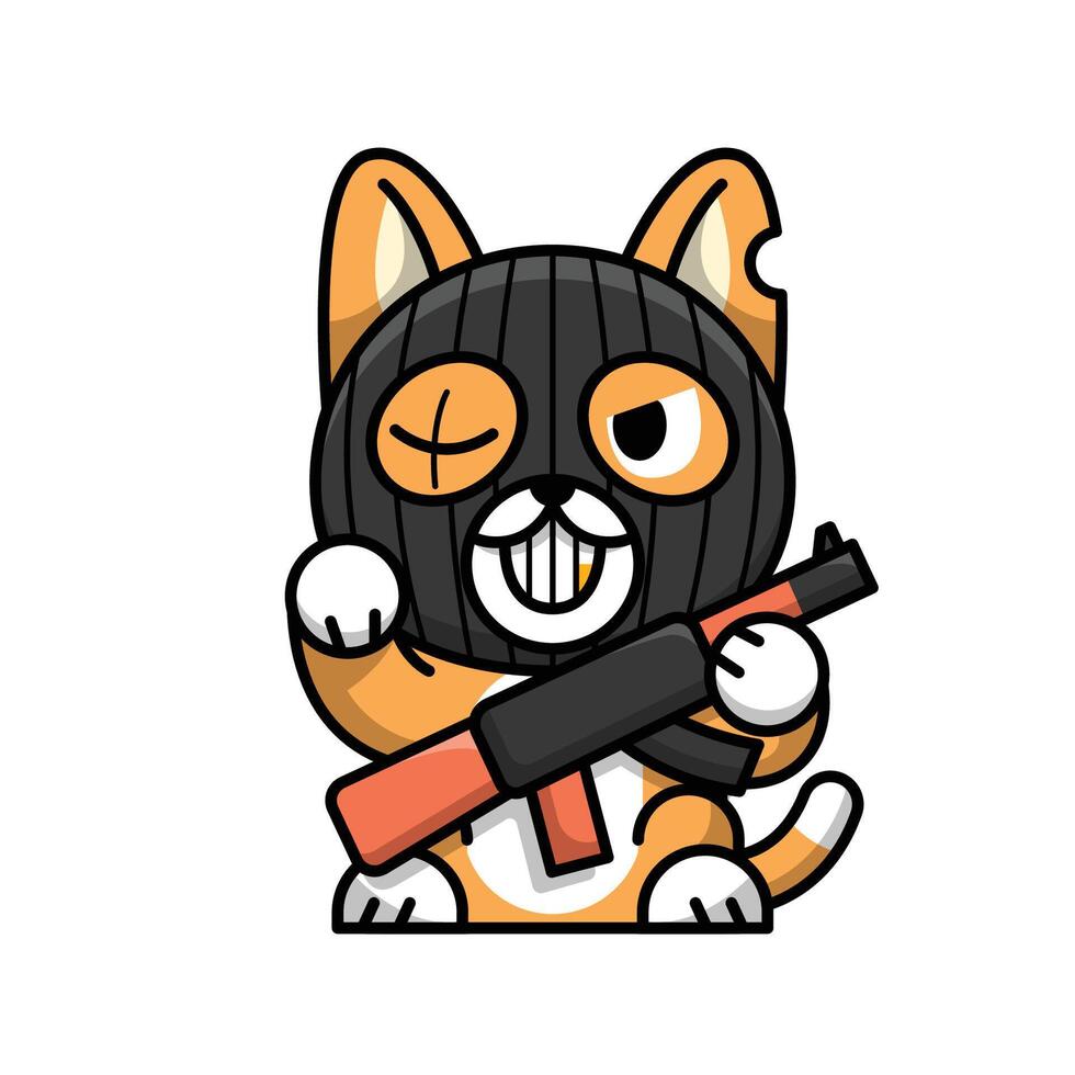 A CAT WITH GANGSTER MASK IS HOLDING AN AK47 GUN CARTOON ILLUSTRATION vector
