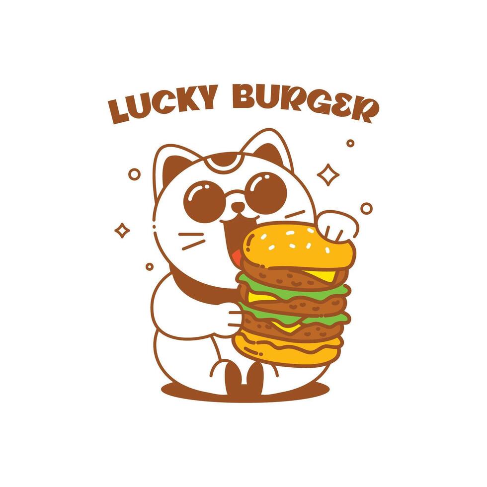 A WHITE LUCKY CAT IS HOLDING A HUGE LAYERED BURGER CARTOON LOGO vector