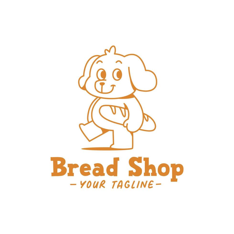 A CUTE WALKING DOG IS BRINGING A LONG BREAD, LINE ART LOGO vector