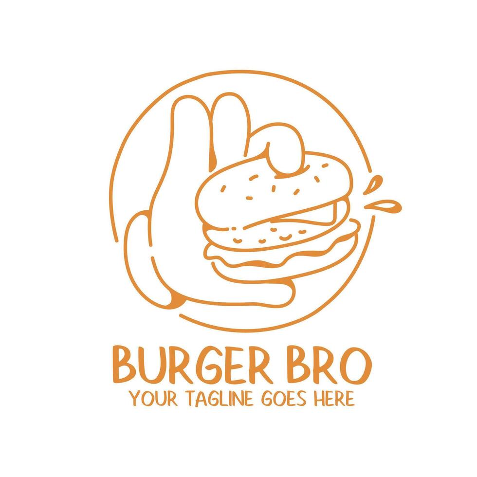 HAND IS HOLDING A BURGER RETRO LINE ART CARTOON LOGO DESIGN vector