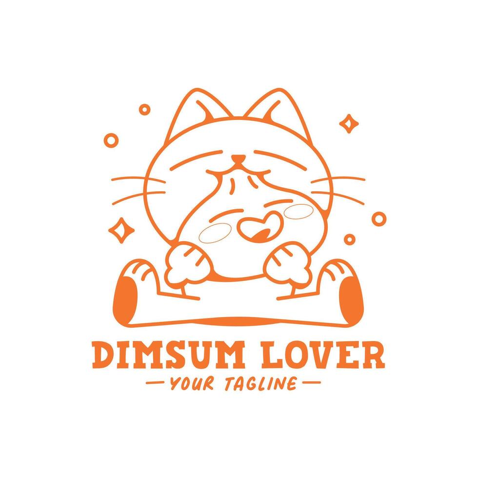 KAWAII CAT IS EATING A SMILING DIMSUM CARTOON LOGO DESIGN vector