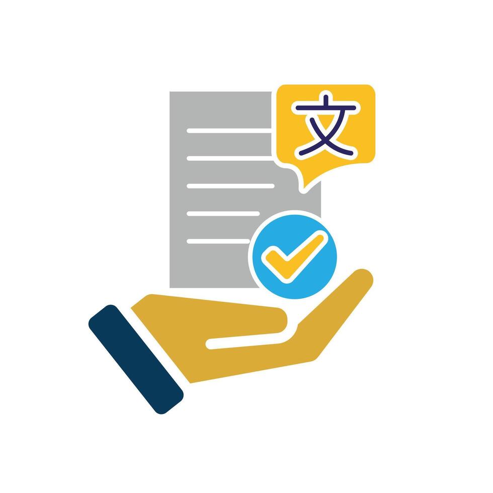 education icon. literature in hand. paper or article with multi language symbol and check mark. smart. Flat design style vector