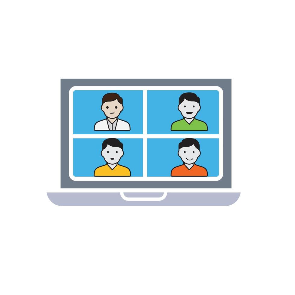 Remote Work. conference icon. Monitor screen divided into 4 avatar faces. collaboration. Flat design style vector