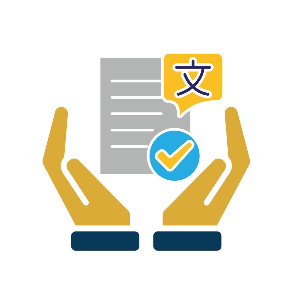 education icon. literature in two hand. paper or article with multi language symbol and check mark. smart. Flat design style vector