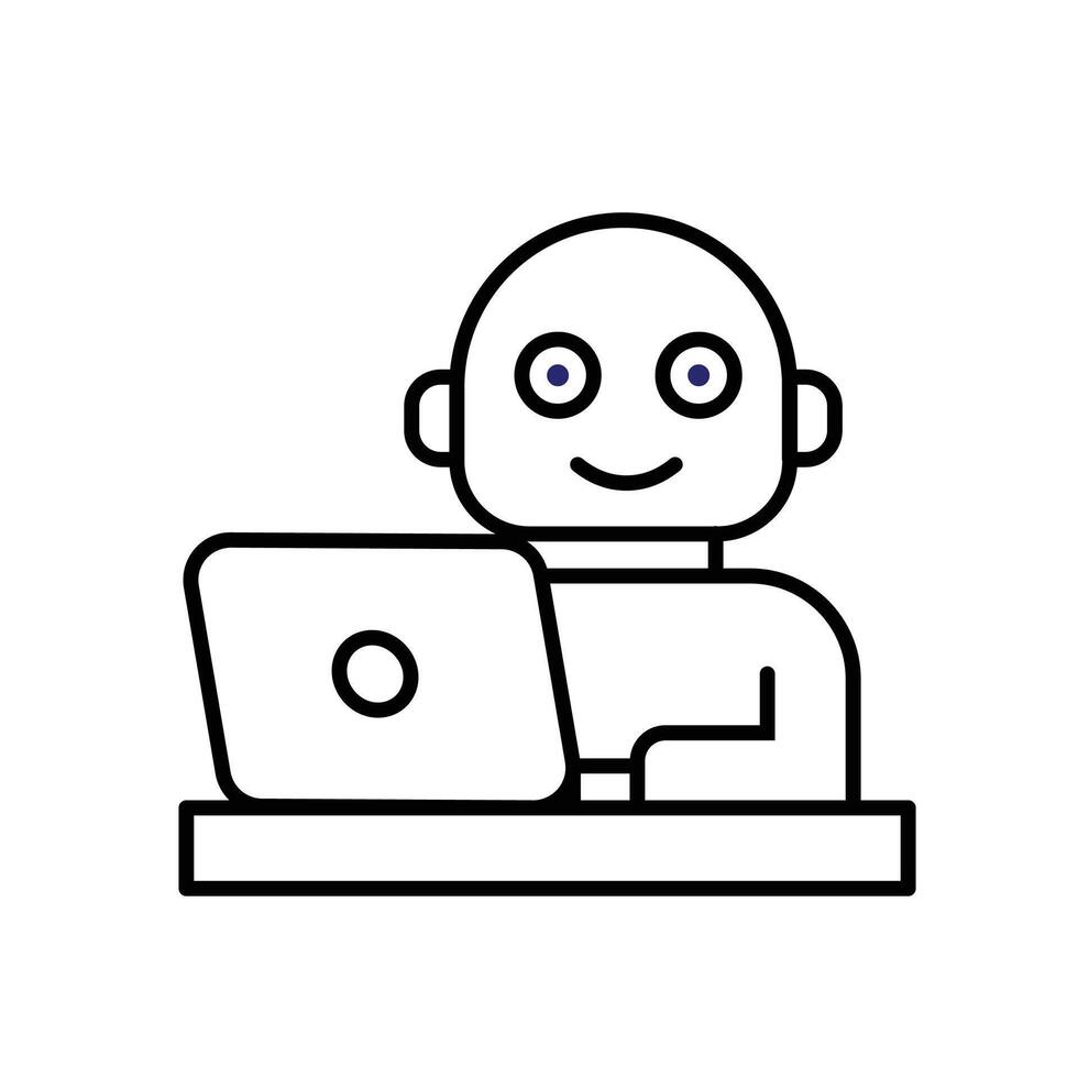 ai icon. AI Personal Assistant. Virtual coworker. Humanoid bot on desk with laptop. UI, education. outline design style vector