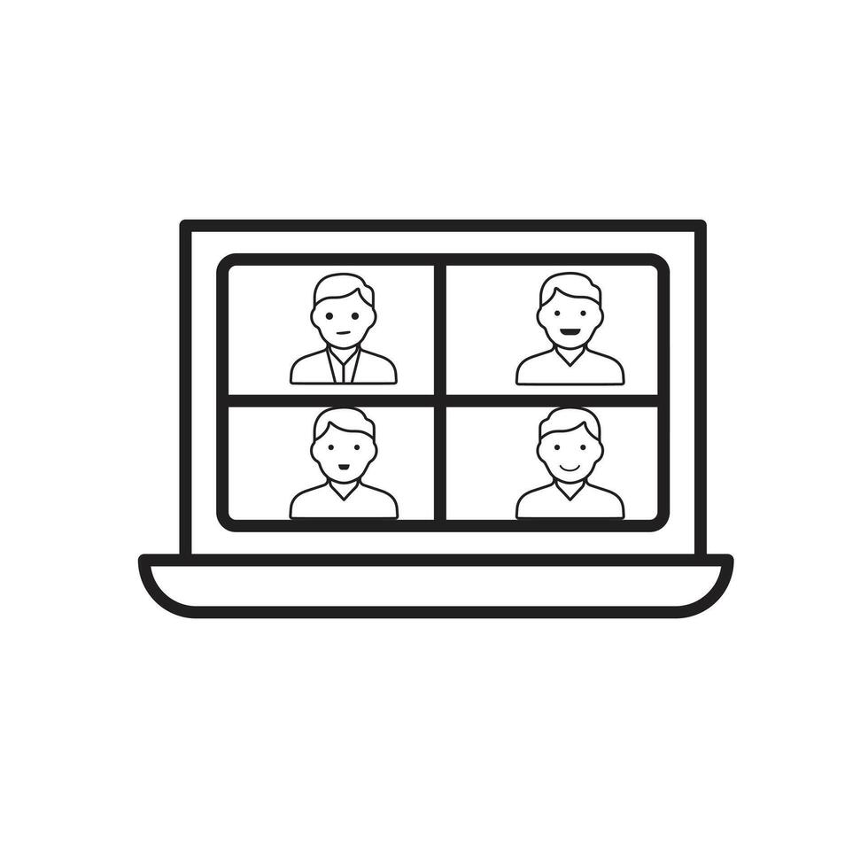 Remote Work. conference icon. Monitor screen divided into 4 avatar faces. collaboration. outline design style vector