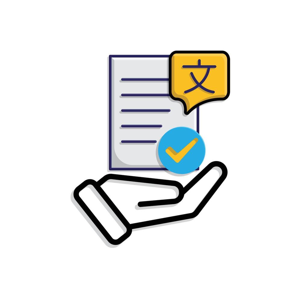 education icon. literature in hand. paper or article with multi language symbol and check mark. smart, learn, clever. Mixed design style vector
