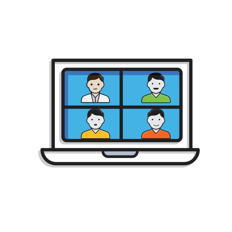 Remote Work. conference icon. Monitor screen divided into 4 avatar faces. collaboration. Mixed design style vector