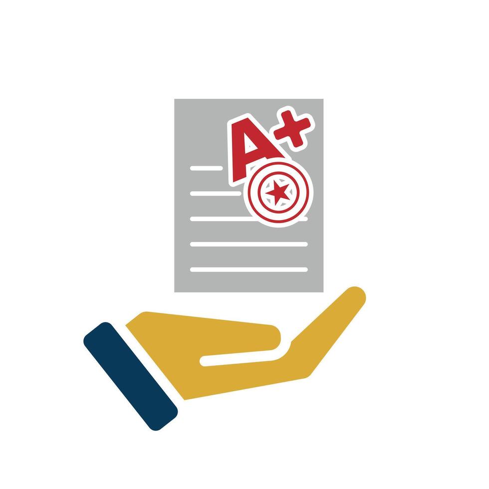 education icon. Live Grade and Report Card in hand. A plus grade sheet with a stamp icon. smart. Flat design vector