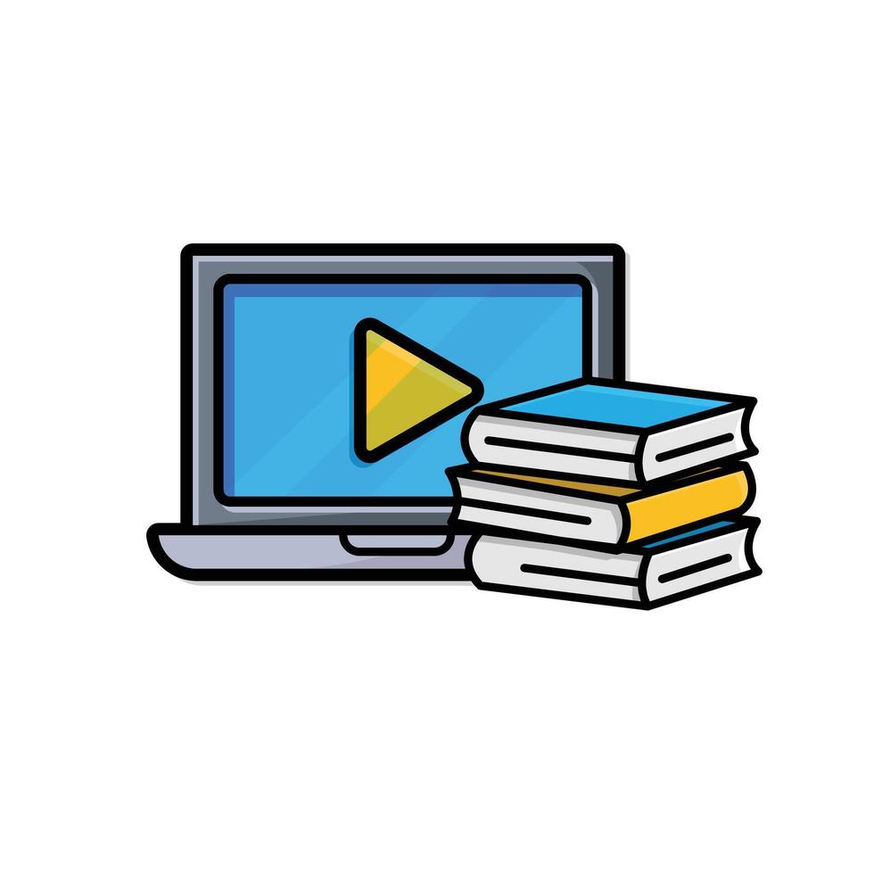 education icon. education laptop. open laptop with play button and stack of books. smart. isometric design style vector
