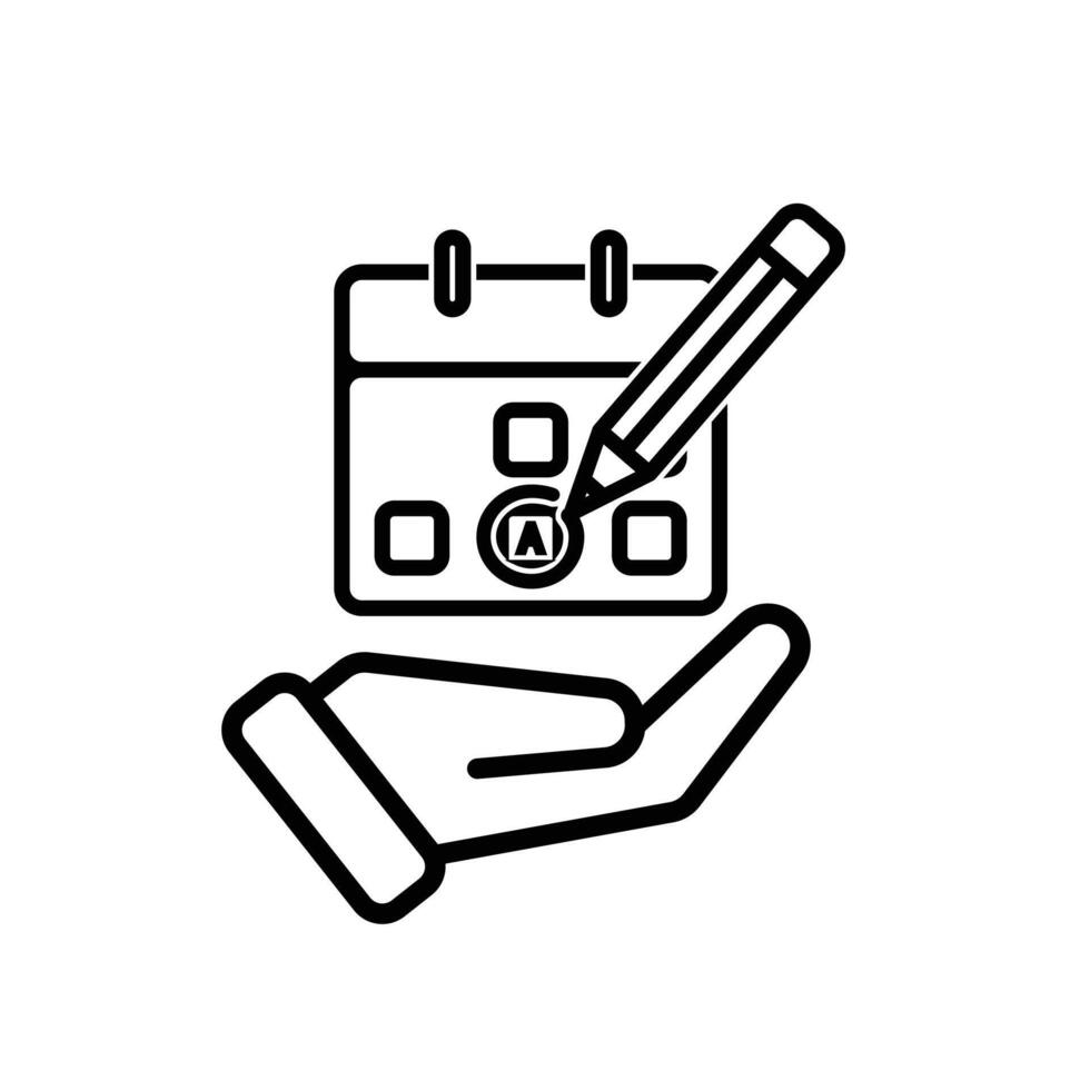 education icon. Study Planner. Calendar with marker and pencil icon in hand. smart, learning. Outline style vector