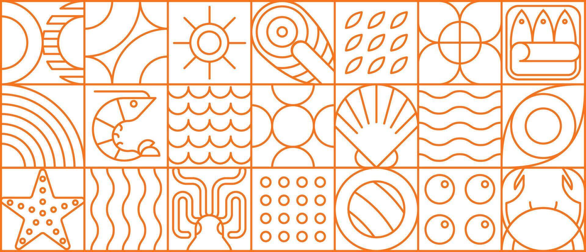Seafood food line pattern, mosaic tile vector