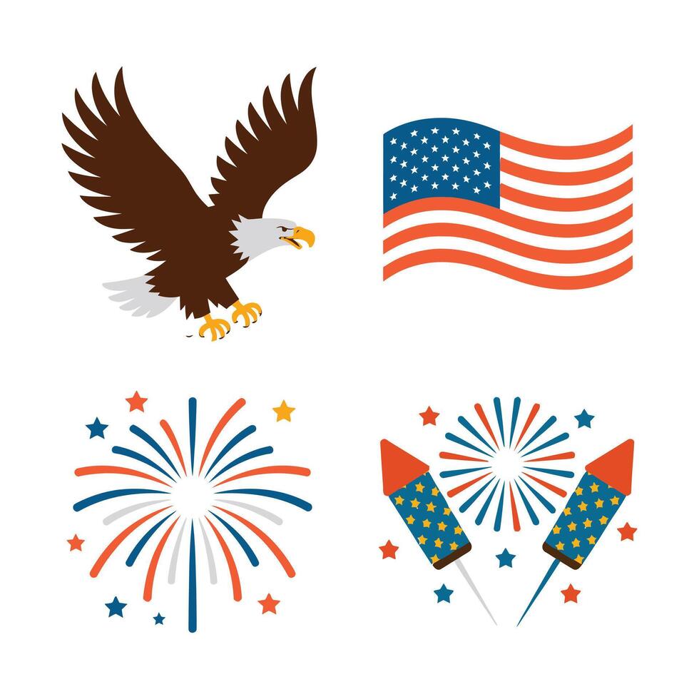A soaring eagle, american flag, and fireworks celebrate independence day, isolated on white background vector