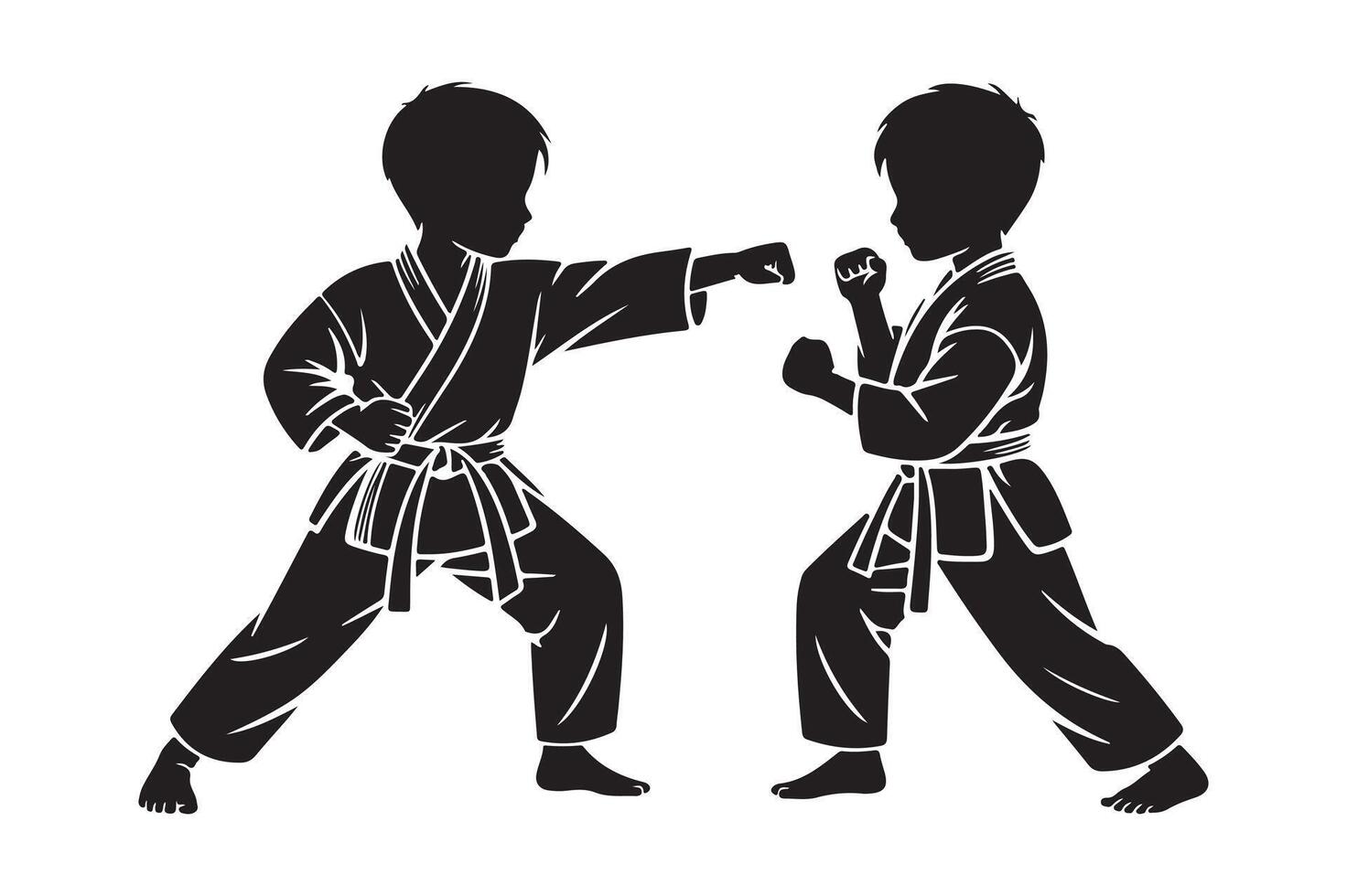 Two boys practice karate, isolated on white background vector