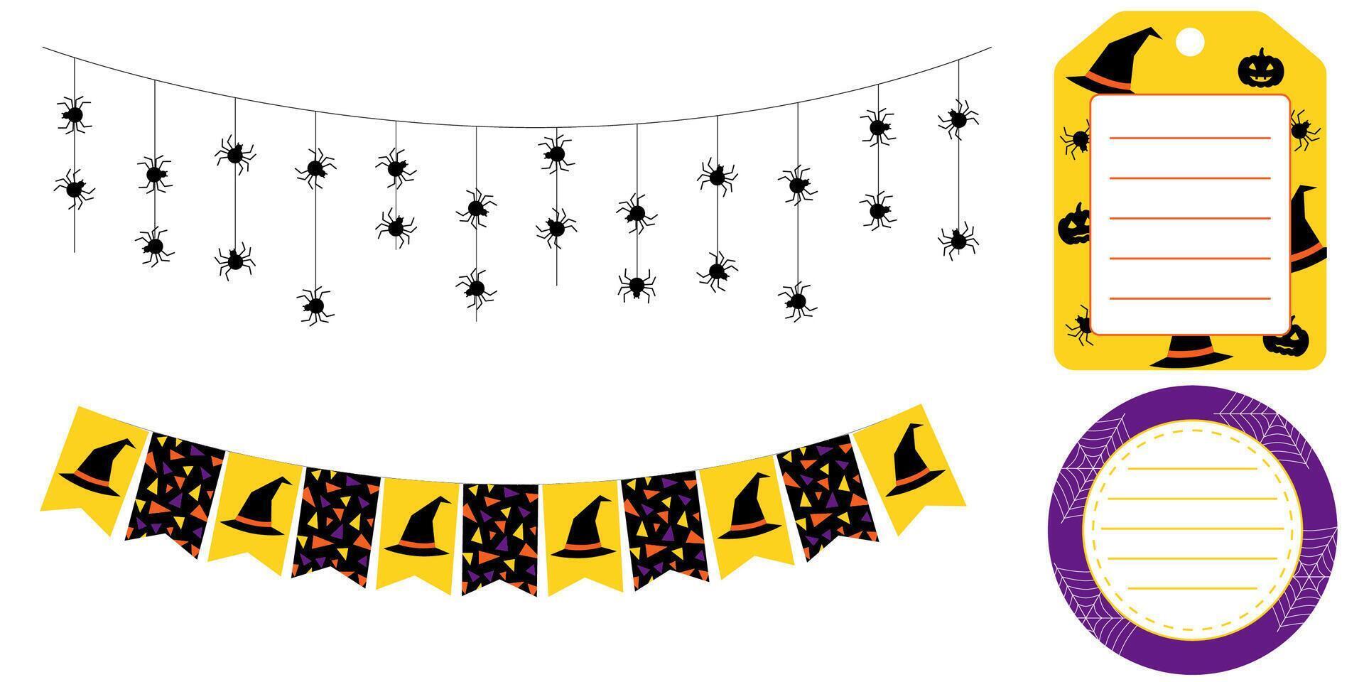 Halloween garlands and stickers in purple orange black and yellow. Round square and rectangular labels with spooky themes. decorations for party packaging scrapbooking and design. vector