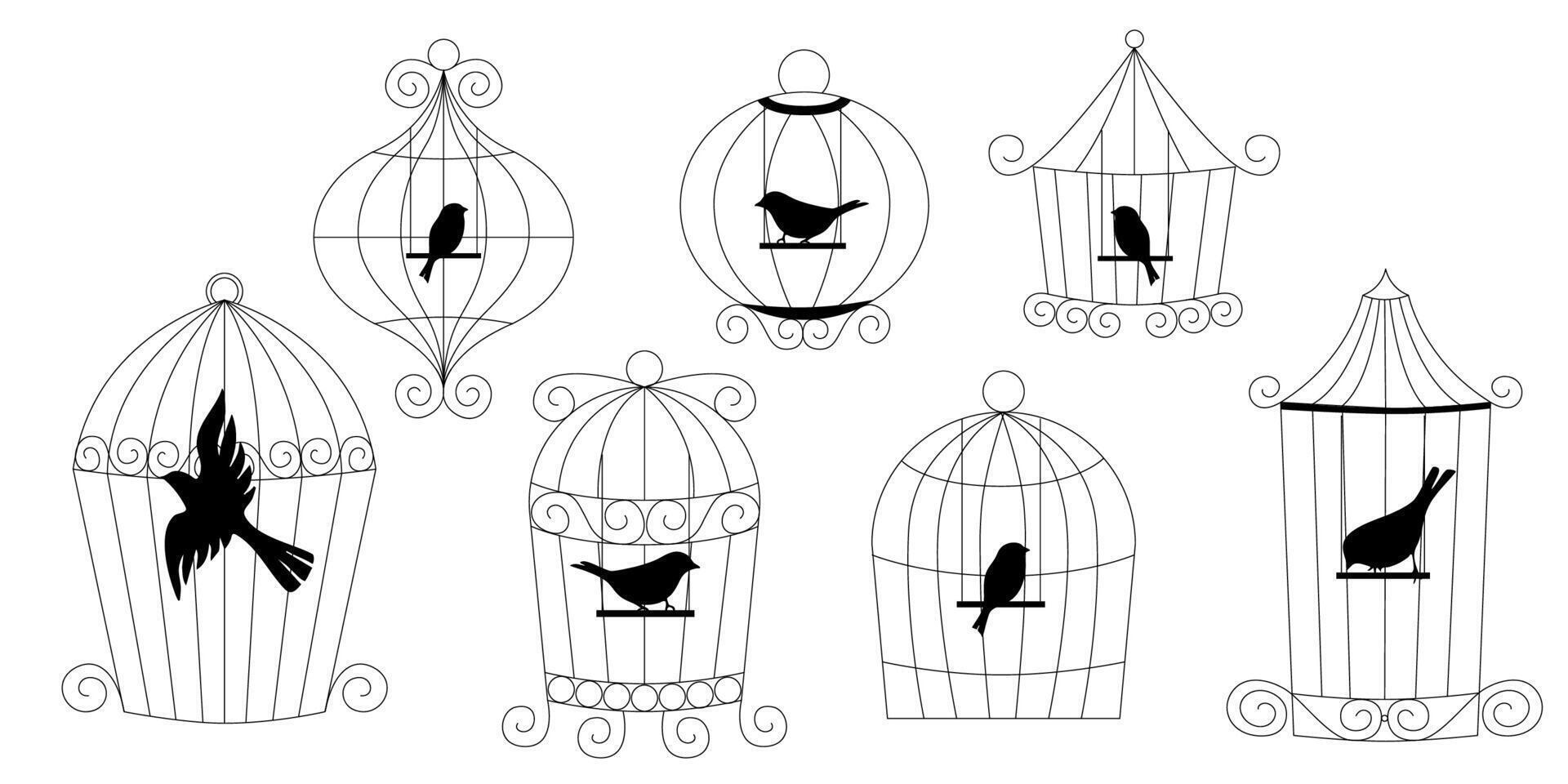 Hand drawn set of bird cages in doodle style simple metal cage sketch collection for home use line art illustration isolated vintage pet house vector