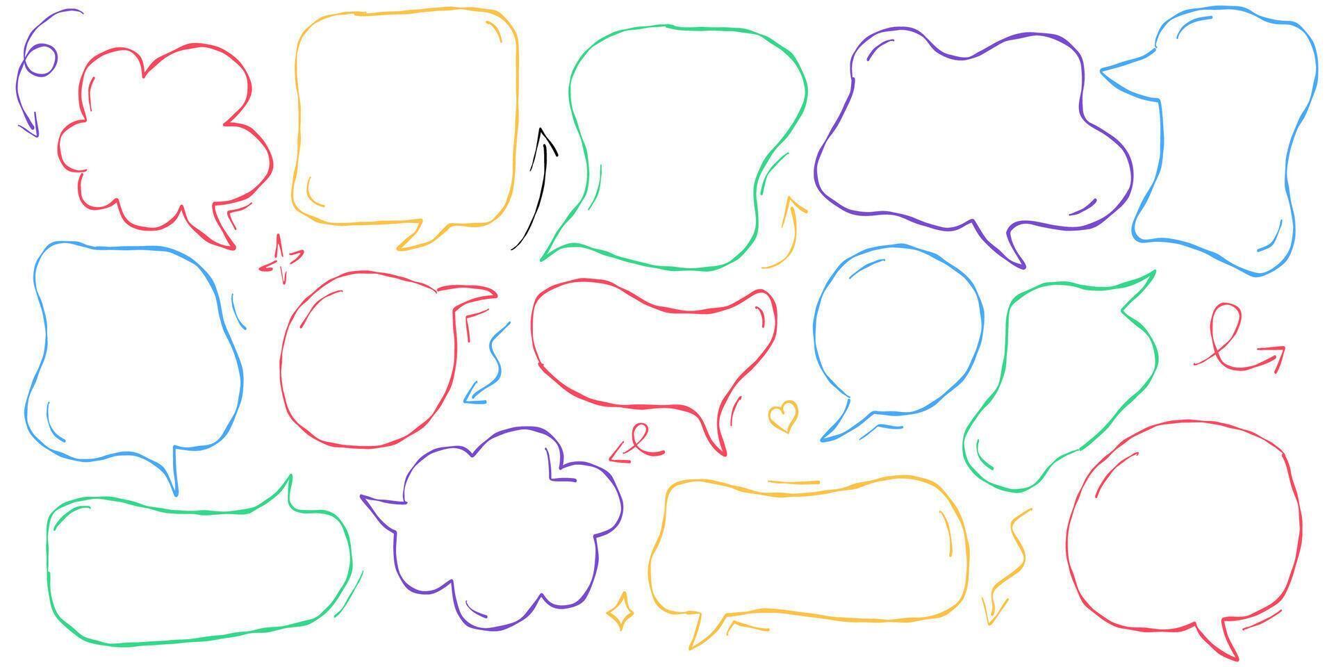 Crayon style hand drawn speech bubbles and talk clouds for text. Cute pastel dialog frames and doodle balloons for kids. Chalk line cartoon boxes with handwriting effect from Japanese design. vector