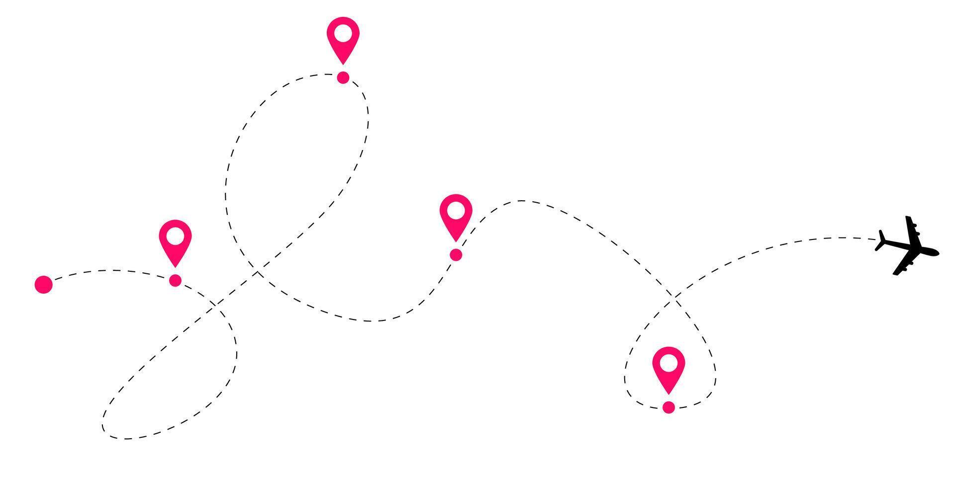 Dotted aircraft route lines with airplane flight paths and curved navigation trails showing dashed tracking connections for global aviation and travel themed stock illustration concepts vector