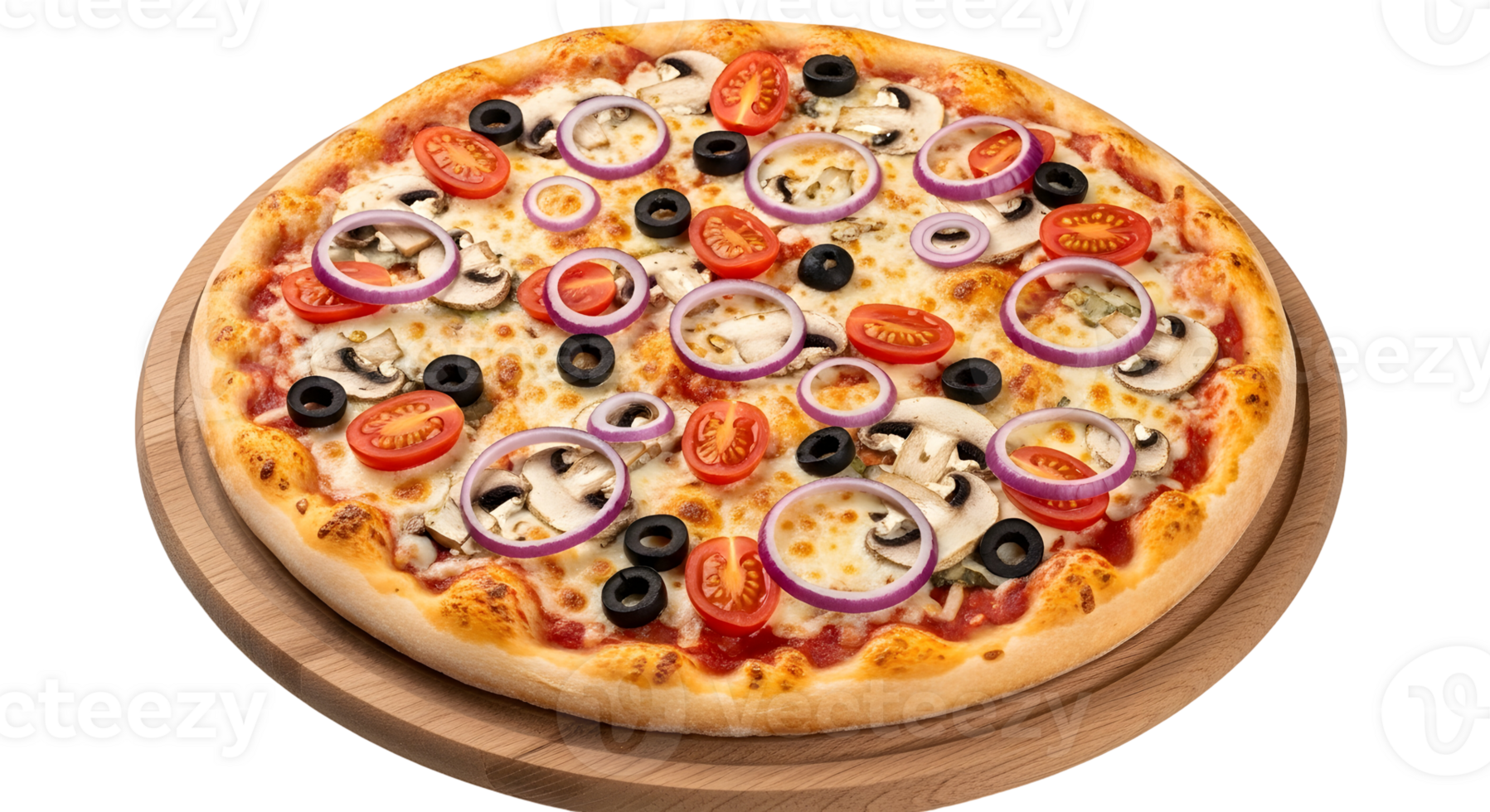 A delicious pizza with mushrooms, olives, tomatoes and onions on a wooden board ready to be served png
