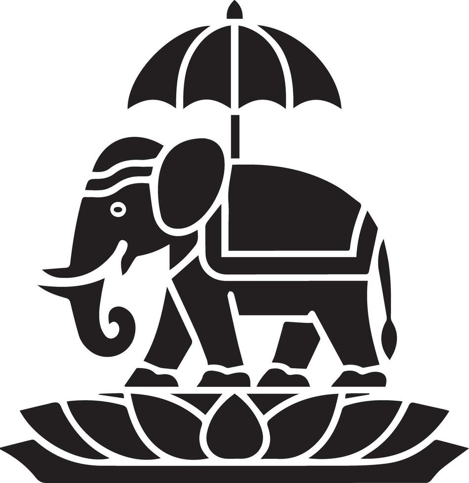 Sacred Elephant on Lotus, Traditional Indian Motif Flat Black silhouette vector