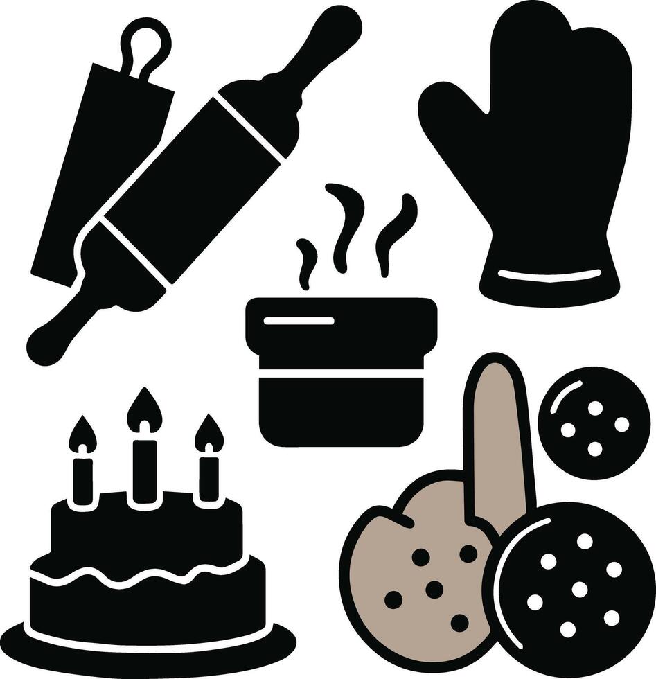 Baking and Cooking Tools, Flat Black Icon Set. vector