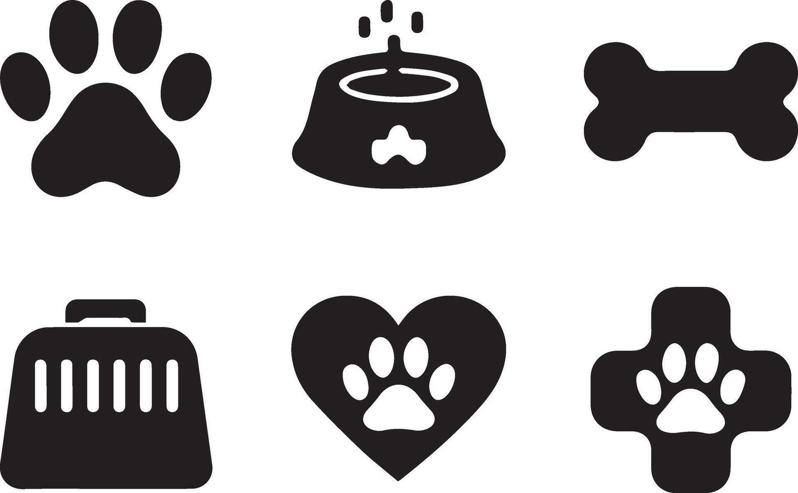 Black and white icons related to pets, including a paw print, food bowl, bone, pet carrier, a heart with a paw print vector