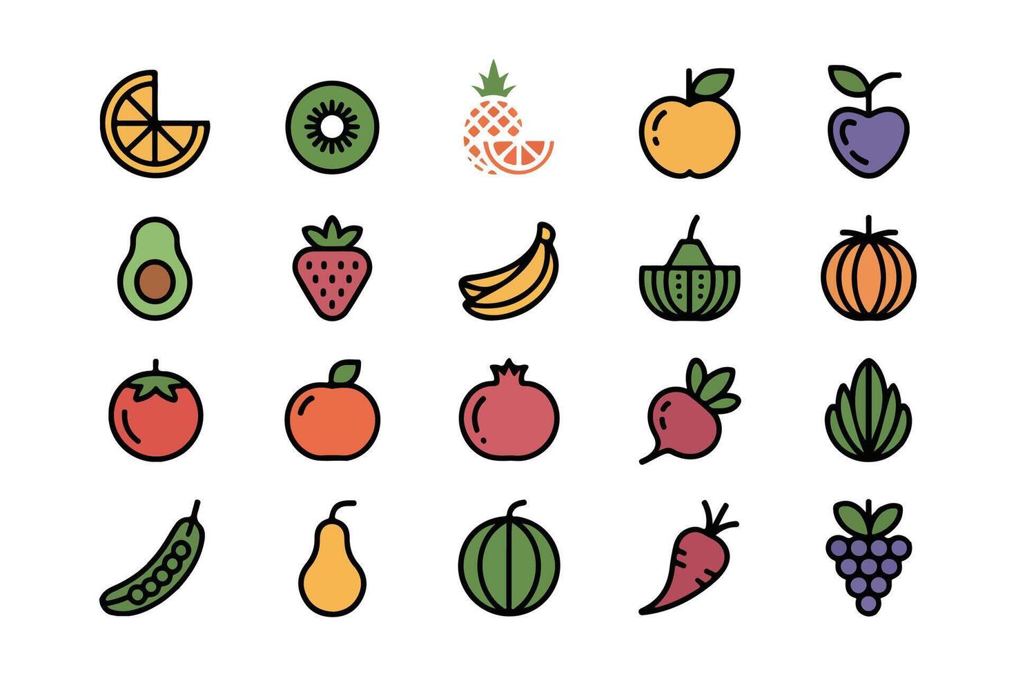 Colorful flat icons of fresh fruits and vegetables vector