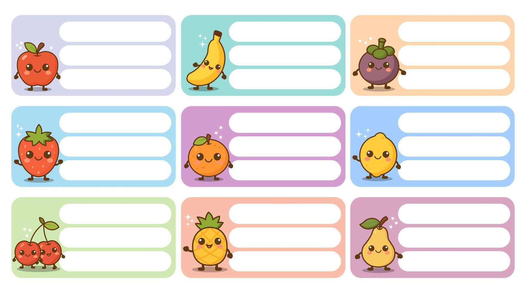 Cute cartoon fruit label designs for kids vector