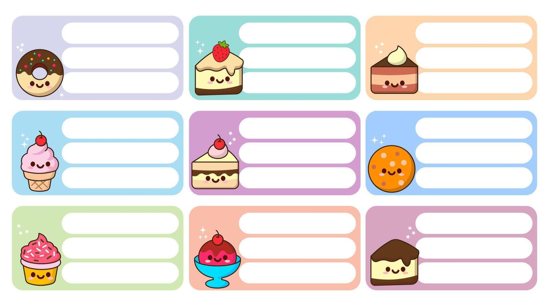Cute dessert labels with kawaii designs vector