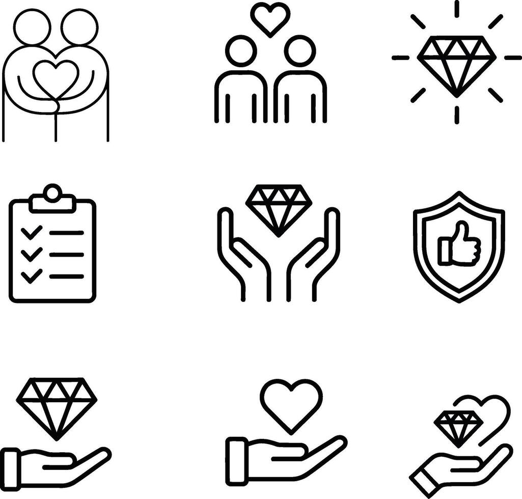 Trust and Value Icon Set Minimal Line Icons for Care, Quality, and Relationships vector