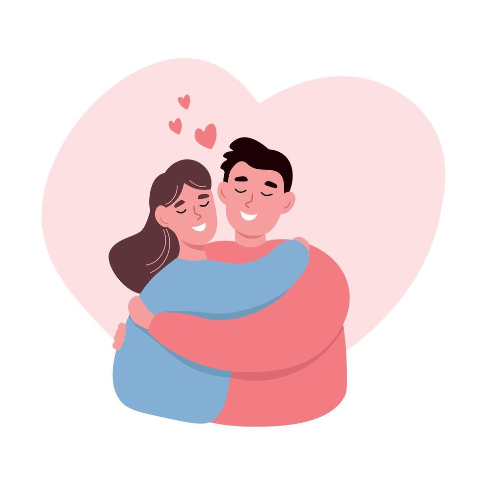 Happy couple in love together. Boy and girl hugging on the background of heart. flat graphics. vector