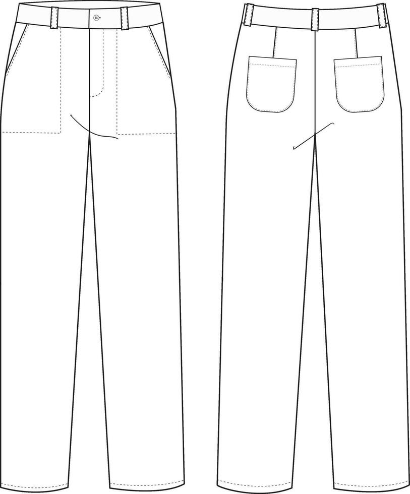 Men's Casual Pants Front and Back Illustration, Simple Pants with Pockets and Belt vector