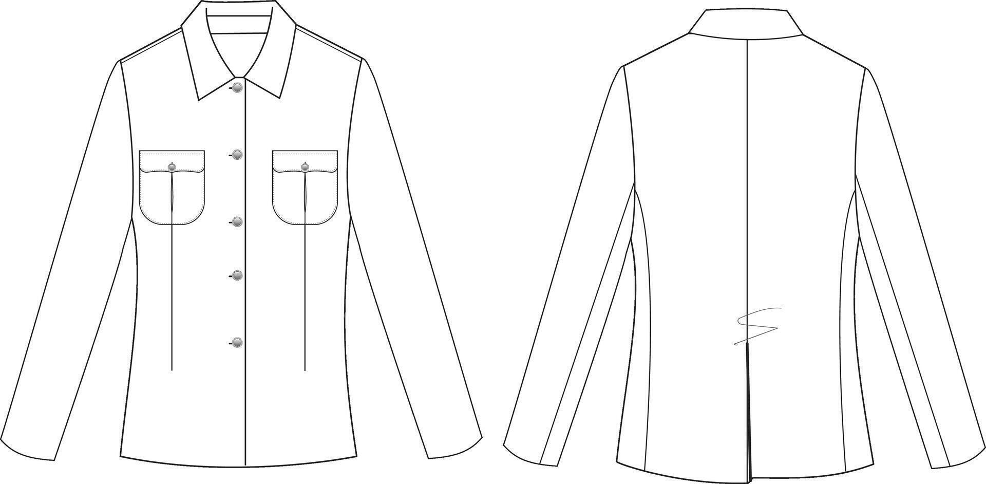 Long Sleeve Shirt Front and Back Illustration, Buttoned Shirt with Front Pockets vector