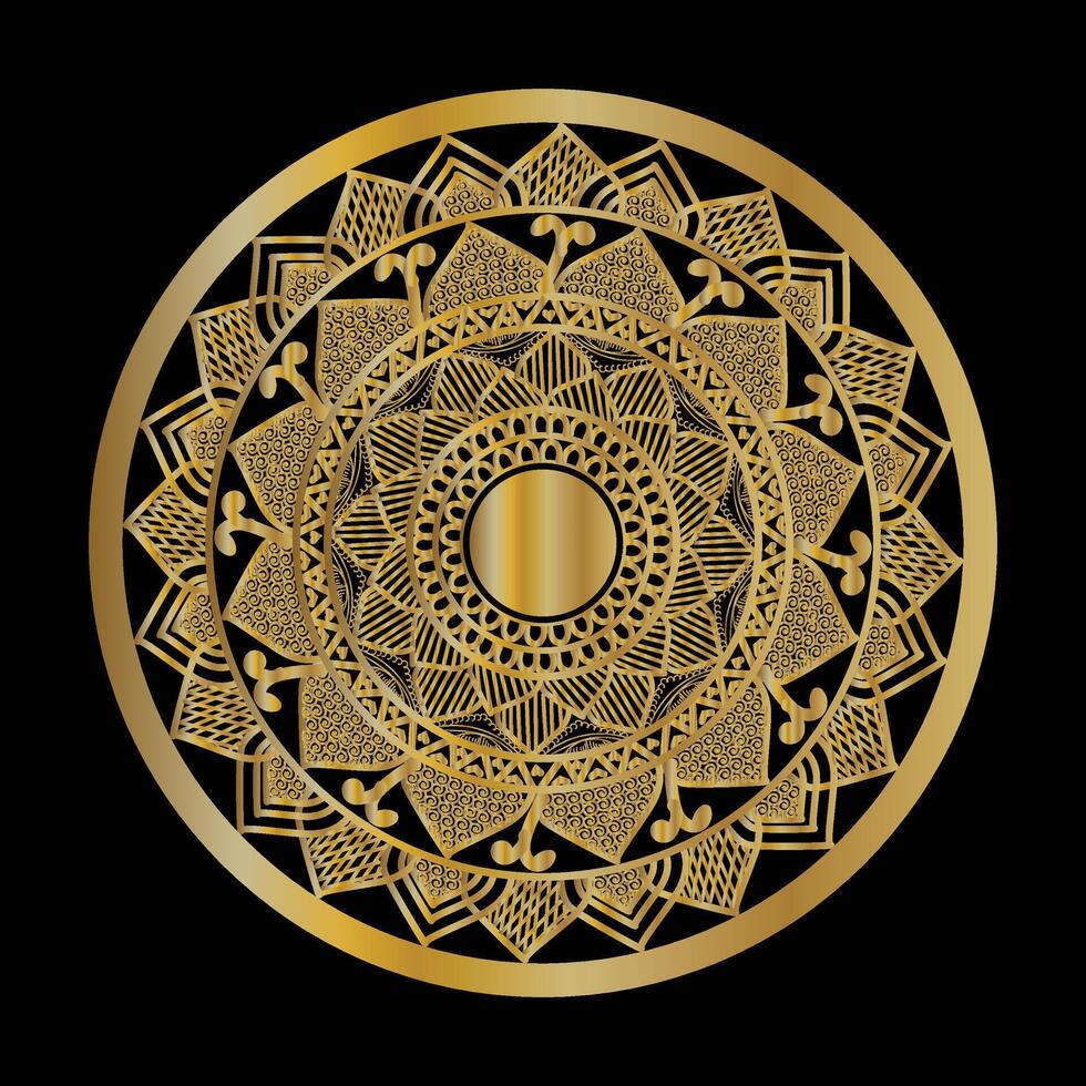 Golden mandala design on black background vector