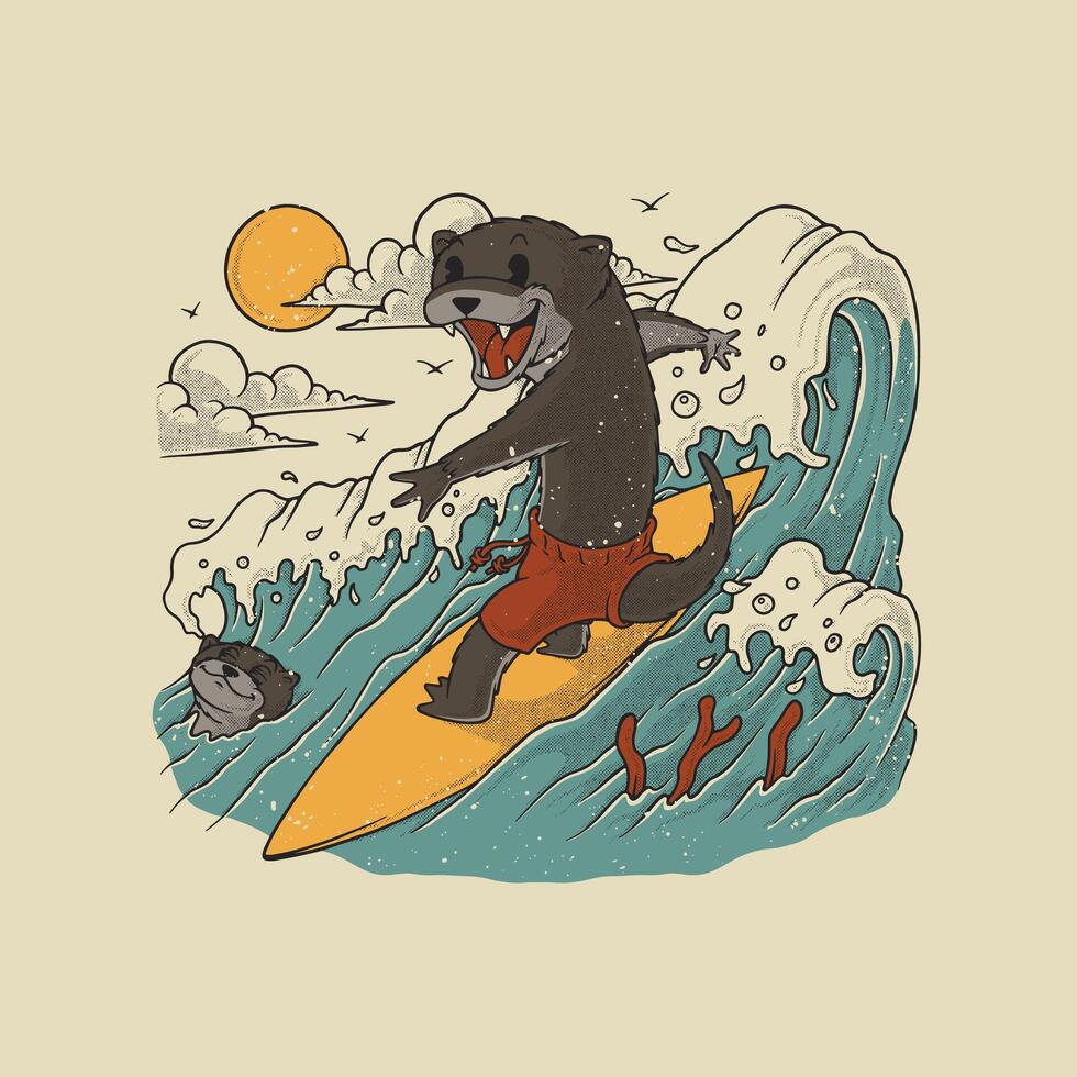 retro cartoon otters mascot surfing at the beach vector