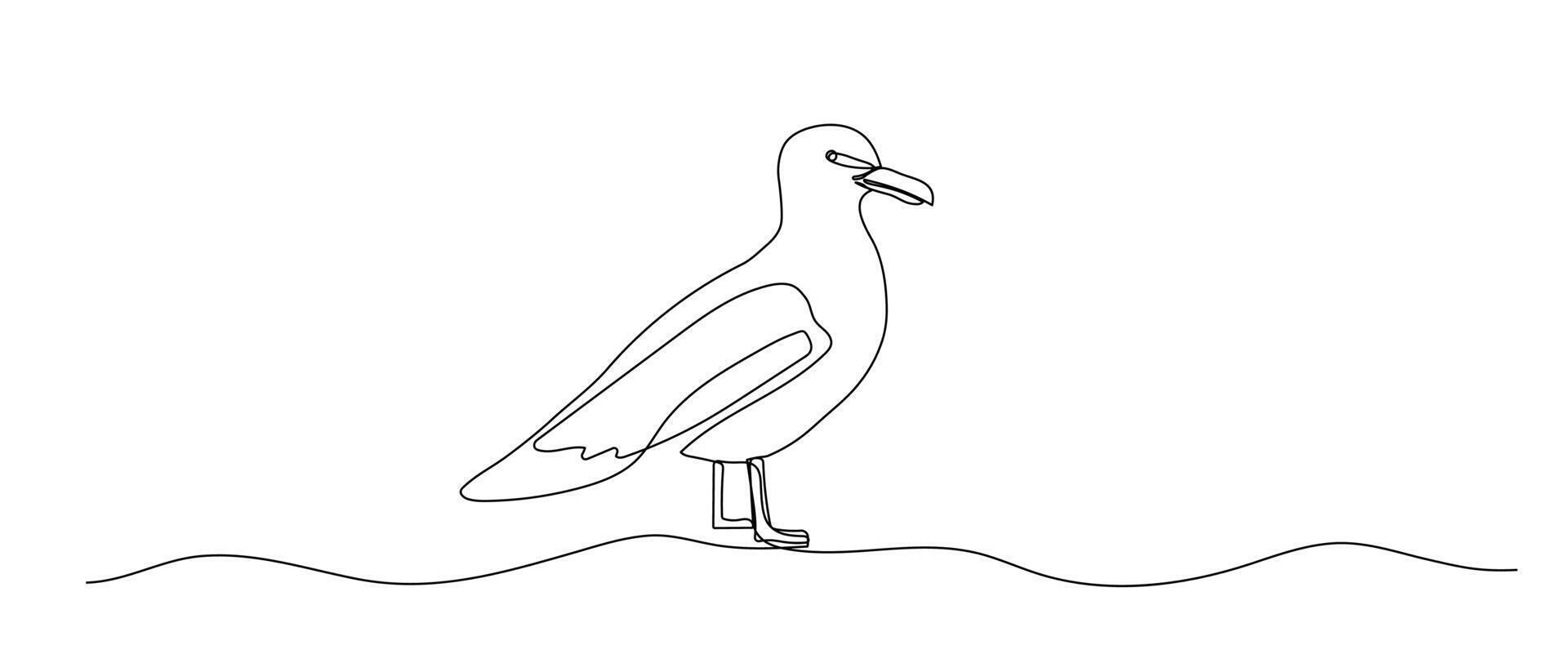 Seagull one line illustration, hand drawn standing bird in doodle style. continuous outline sketch. vector