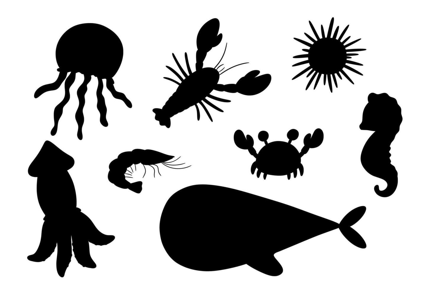 Cute sea whale, jellyfish and urchin silhouette. Ocean underwater animals isolated on white background vector