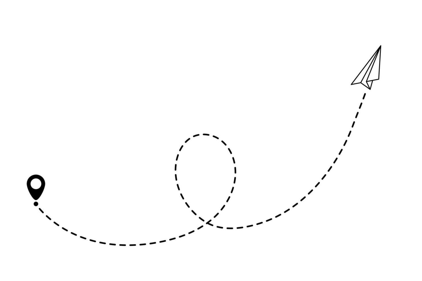 Paper plane with line path for fight or fly across air by art. Outline of airplane or aeroplane shown with track, toy jet, or craft shape. Clean minimal style. vector