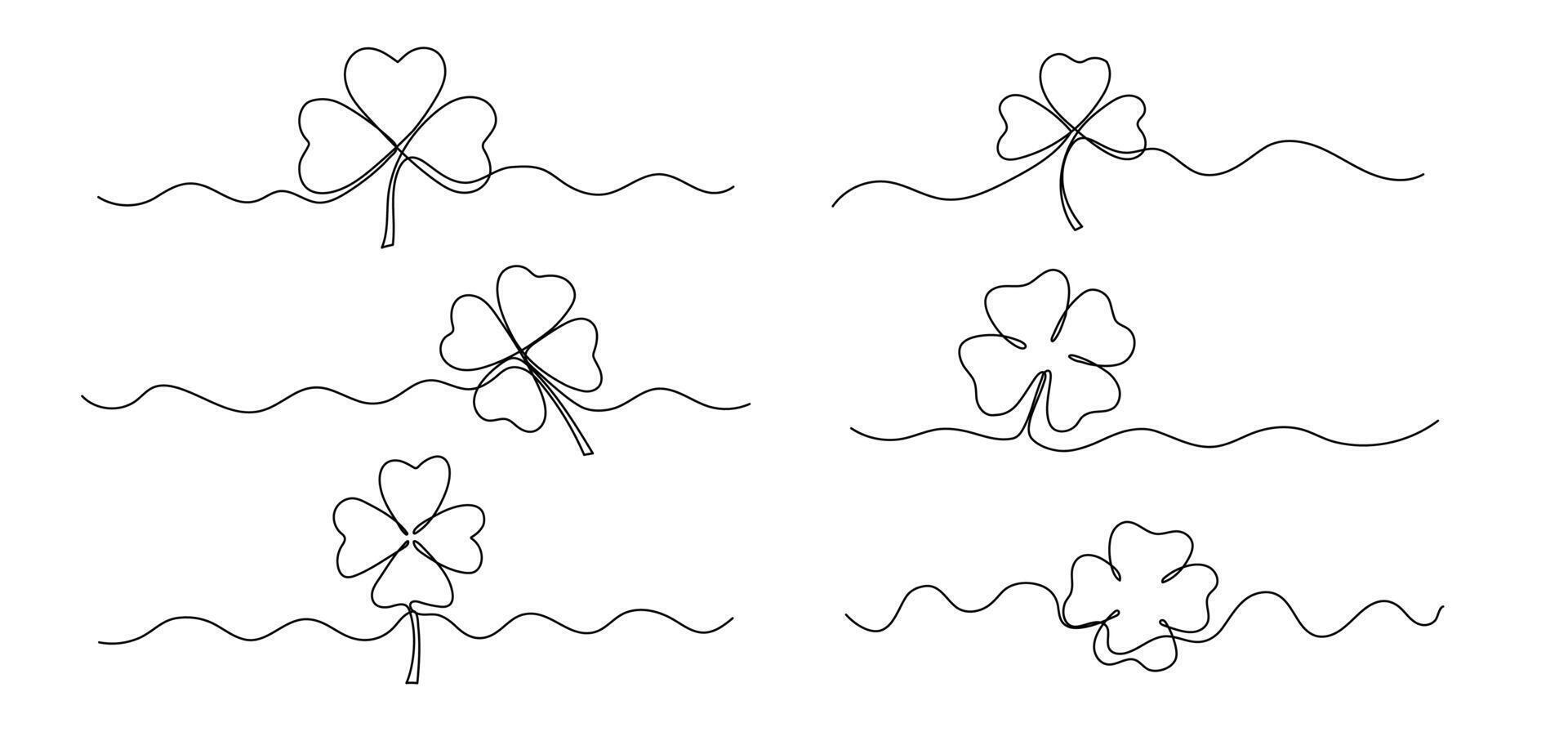 Clover one line illustrations set, symbol of St. Patricks Day continuous outline sketch, border vector