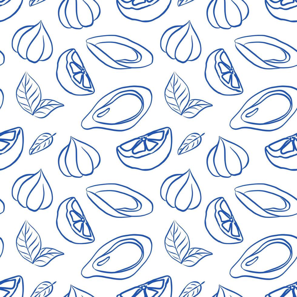 Blue Line Art Seafood Pattern vector